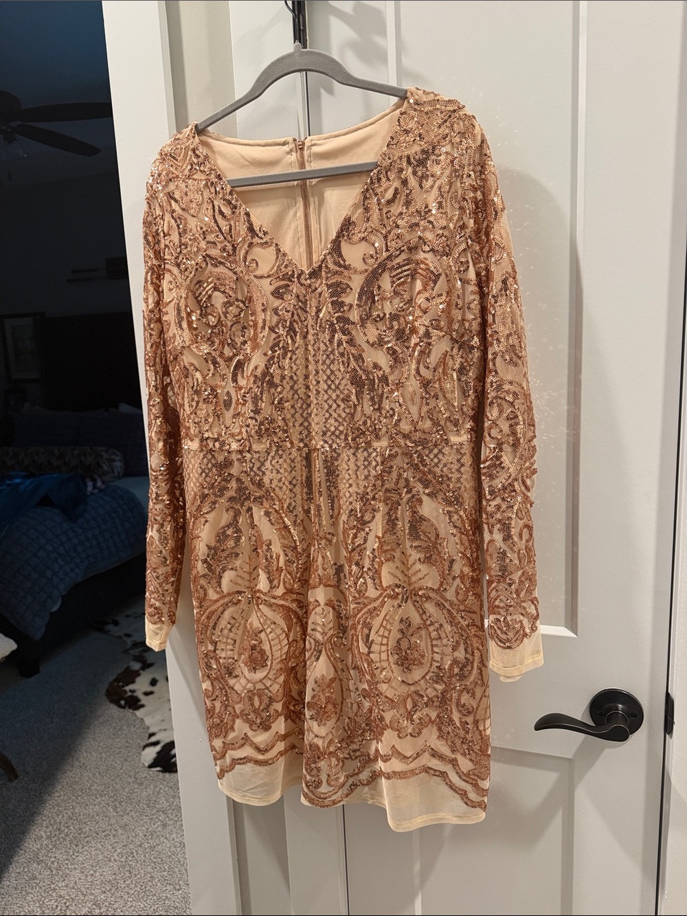 Chic Soul Beige Sequin Embellished V-Neck Cocktail Dress